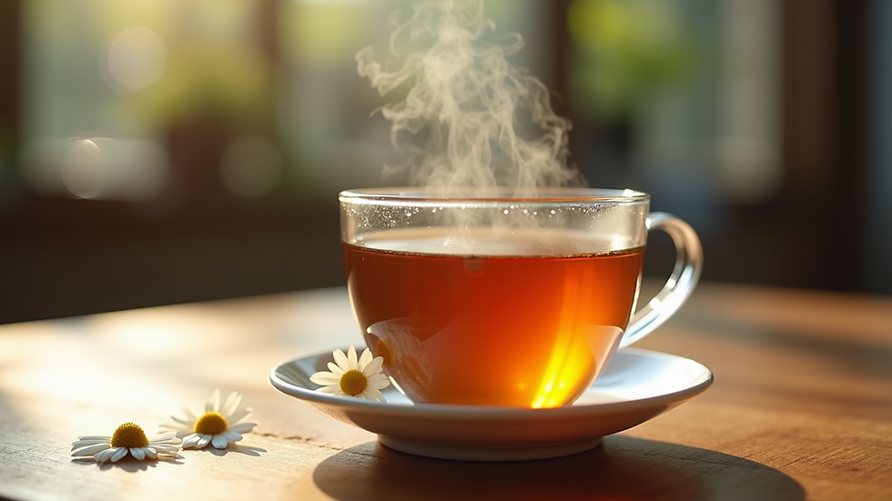 Close-up view of a steaming cup of chamomile herbal tea on a wooden table