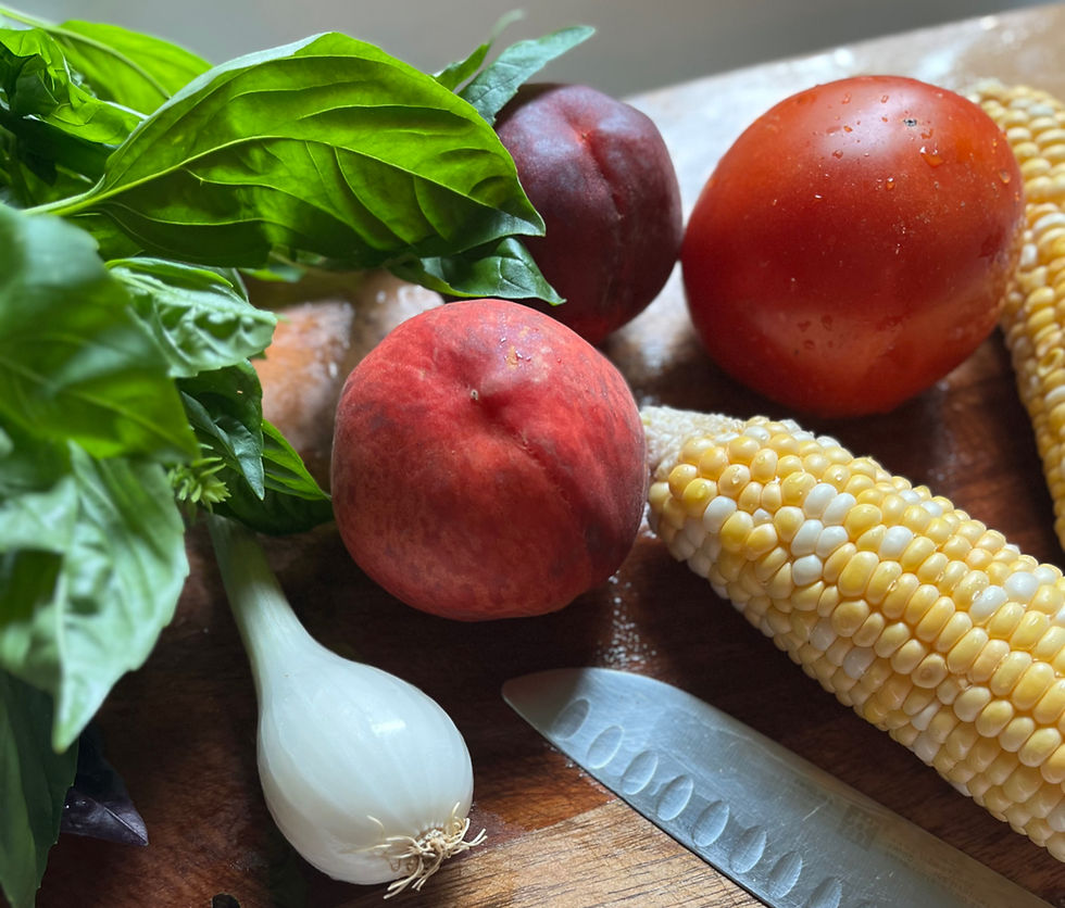 Super fresh summer farm stand haul: peaches, sweet corn, tomato, basil, spring onion