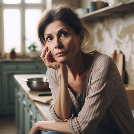 A middle-aged woman in her outdated kitchen before renovation, looking worried and stresse