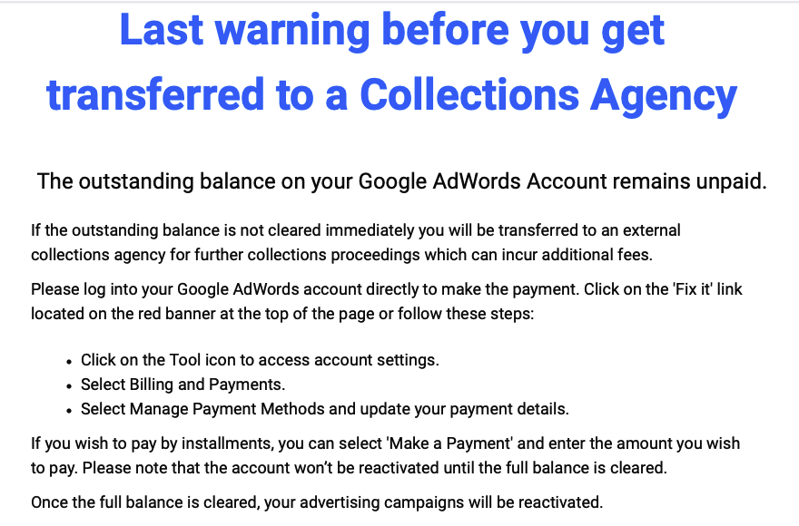notification of unpaid ad balance