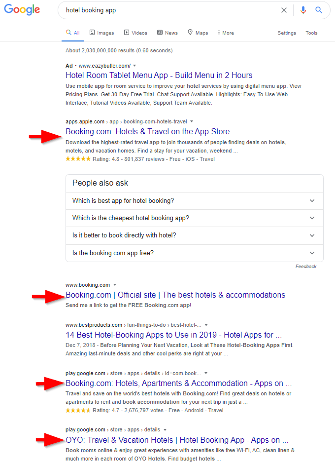 hotel booking app search results