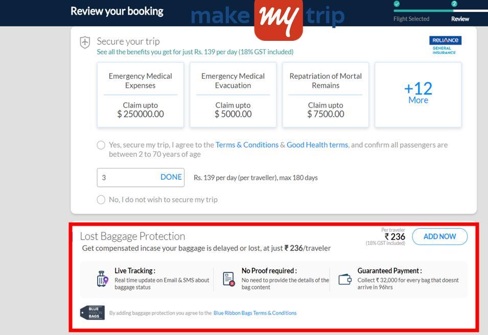 Blue Ribbon Bag upsale on Make My Trip