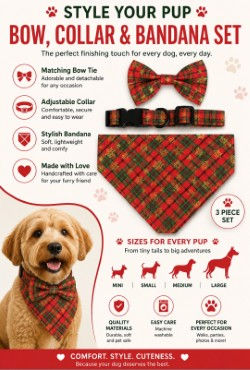 Collar Bow and Bandana set - Red and green tartan with snowflakes