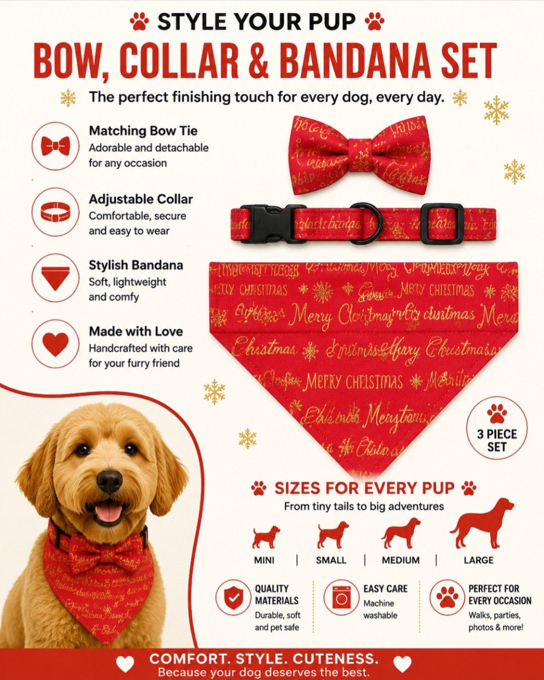 Collar Bow and Bandana set - Red and Gold Merry Christmas