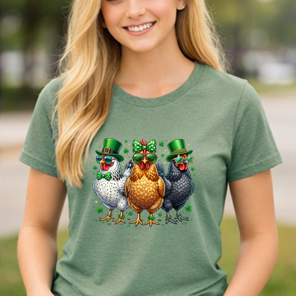 Thumbnail: Sage Green Softstyle Tshirt with 3 Retro Chickens dressed up for St. Patricks Day