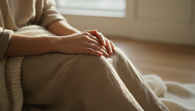 Close-up of hands resting gently on knees during a peaceful meditation practice.