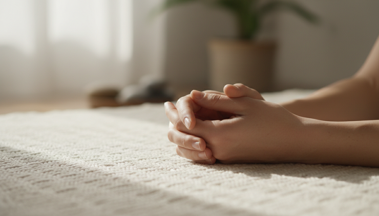 Close-up of hands resting gently on a soft blanket during meditation