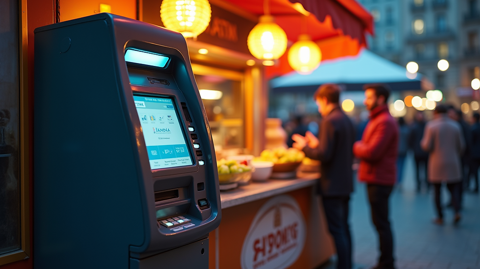High angle view of a mobile ATM machine next to a busy event food stall