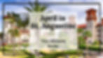Palm trees and historic buildings in St. Augustine with text overlay: "April in St. Augustine, Your Ultimate Guide." Blue sky background.