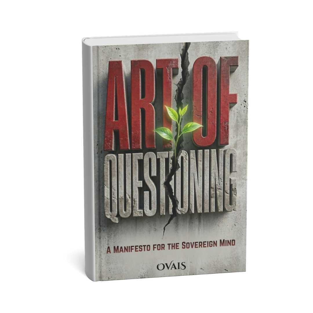 "Book cover for Art of Questioning: A Manifesto for the Sovereign Mind by Ovais, featuring an illustration of a lantern and s