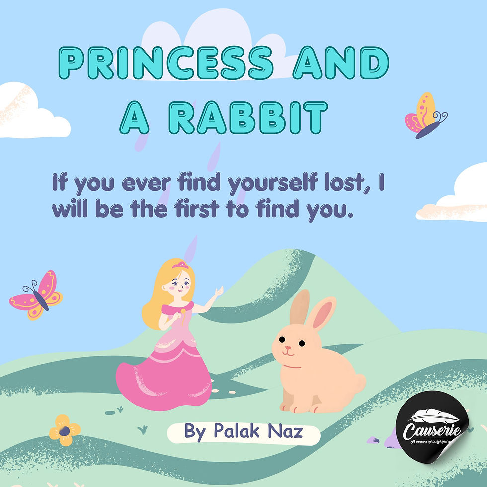 A playful, light-blue children’s book promotional poster titled "Children's Story Book" and "Princess and A Rabbit" by Palak