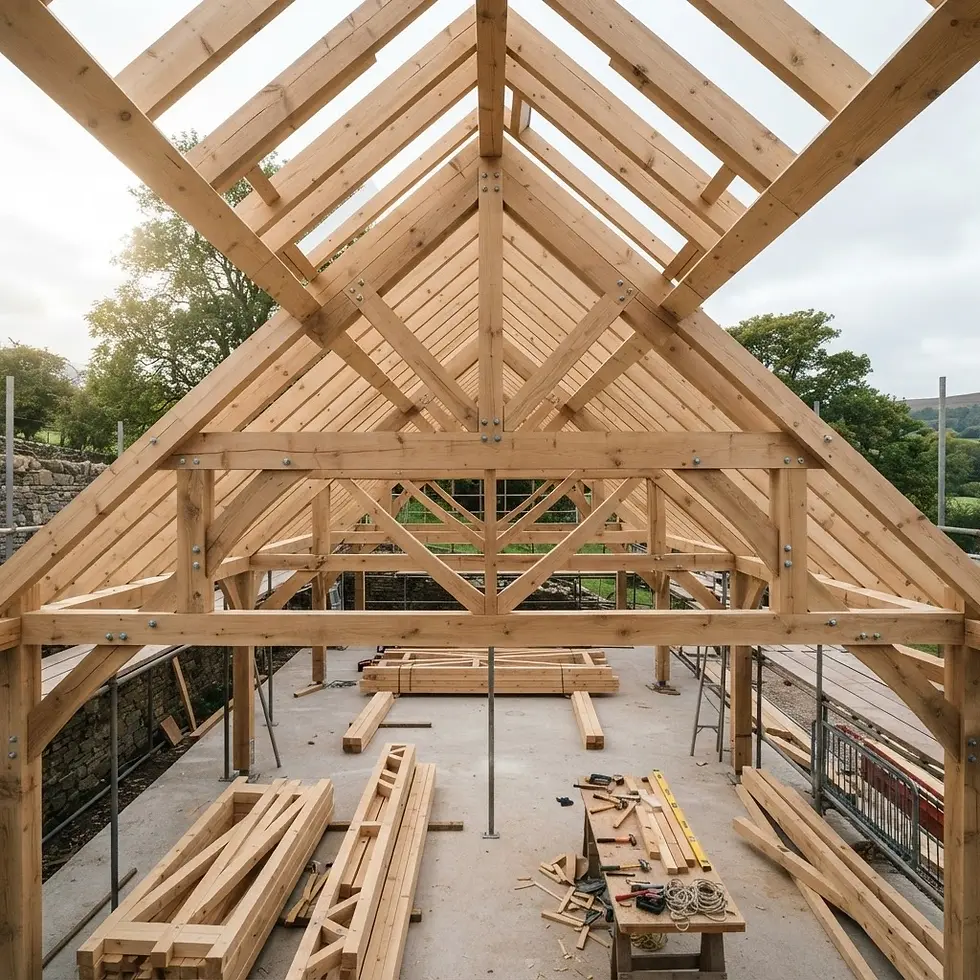 Architectural photography of a wooden post-and-beam frame under construction. The scene shows raw timber trusses in a serene, natural rural setting.