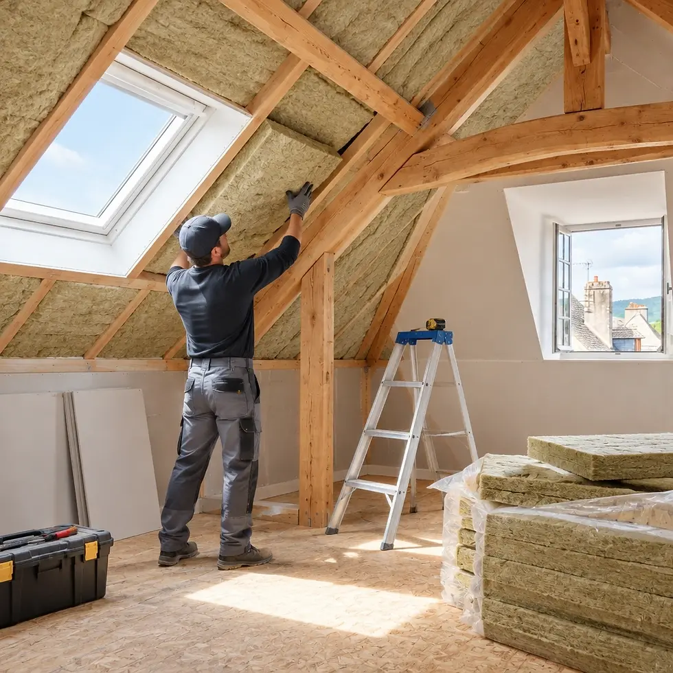 Studio photography of a construction worker installing insulation panels between roof rafters in an attic. The scene highlights craftsmanship and home improvement, with warm, bright daylight pouring through a skylight.