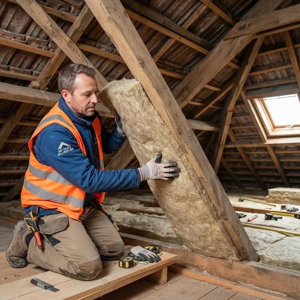 Stock photography of a construction worker installing insulation batting between attic rafters. The atmosphere is focused and diligent, capturing a home improvement project set in a wooden attic space.