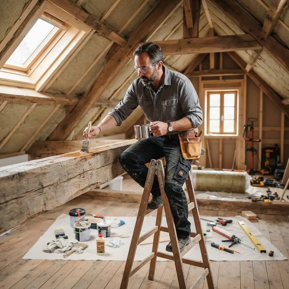 Studio photography of a man balanced on a ladder, diligently staining or painting a wooden beam in an attic renovation. The scene is bathed in natural light from a skylight, conveying focus and craftsmanship.