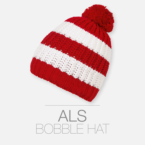 red and white bobble hat