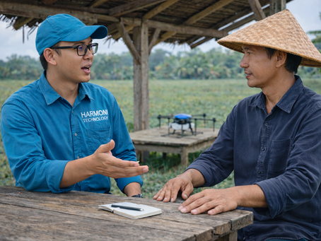 Tim Harmony Technology sedang menjelaskan kepada petani tentang regulasi penerbangan Drone NiVO Agrios 20L untuk lahan pertanian