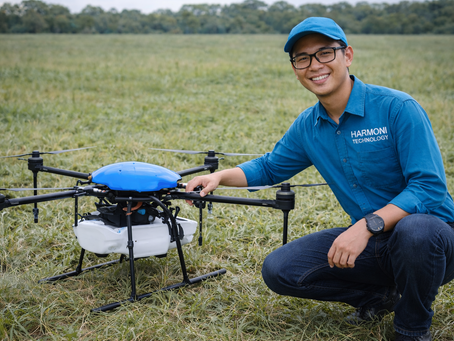 Seorang teknisi Harmoni Teknologi sedang berada di ladang rumput dengan Drone NiVO Agrios 20L untuk penyemprotan tanaman presisi