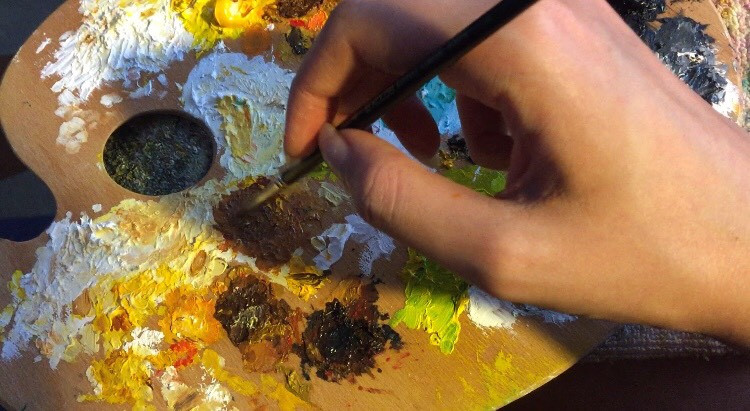 Oil Painting. Palette. Mixing colors. Mixing paints