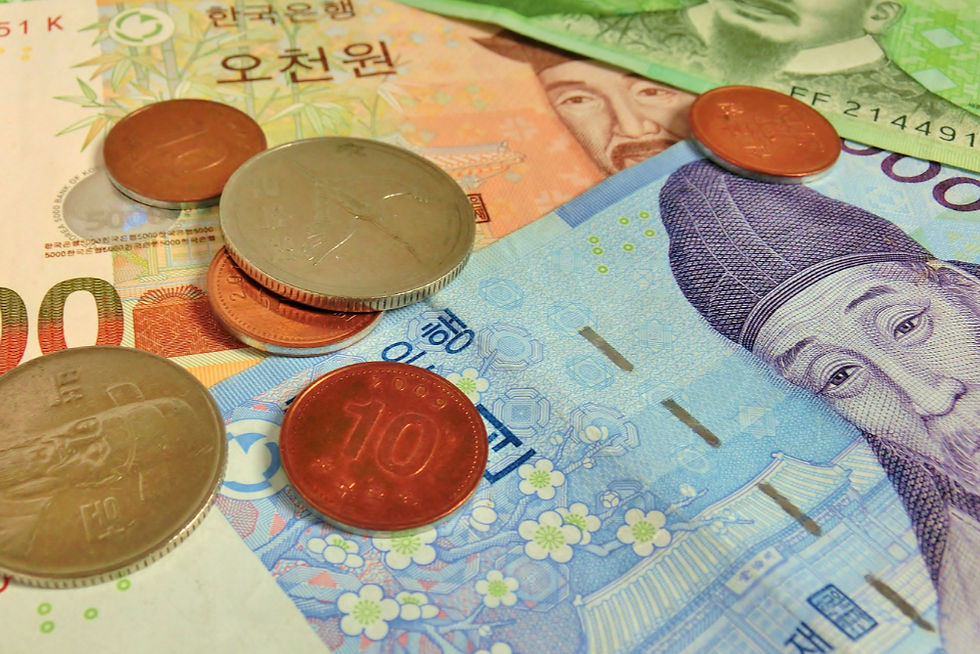 South Korean won bills and coins representing Korean language program costs and living expenses