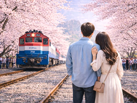 South Korea Trains, train, couple and cherry blossoms