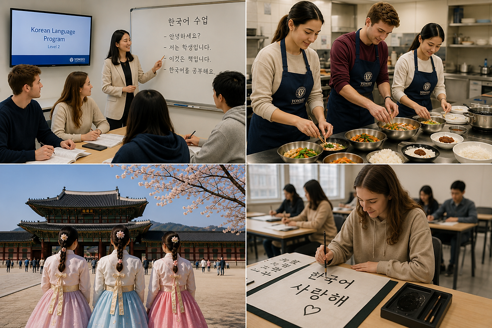 International students taking part in Korean language classes and cultural activities at a Korean university