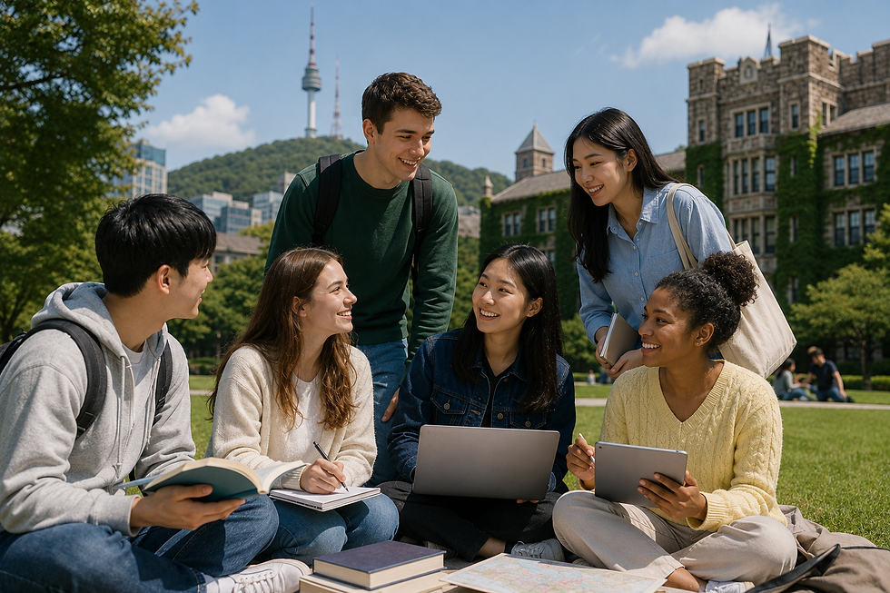 International students studying together on a Korean university campus in Seoul
