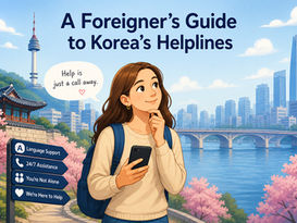 Illustration of a foreign traveler in South Korea using a smartphone, with Seoul skyline, cherry blossoms and a signpost representing helpline support services