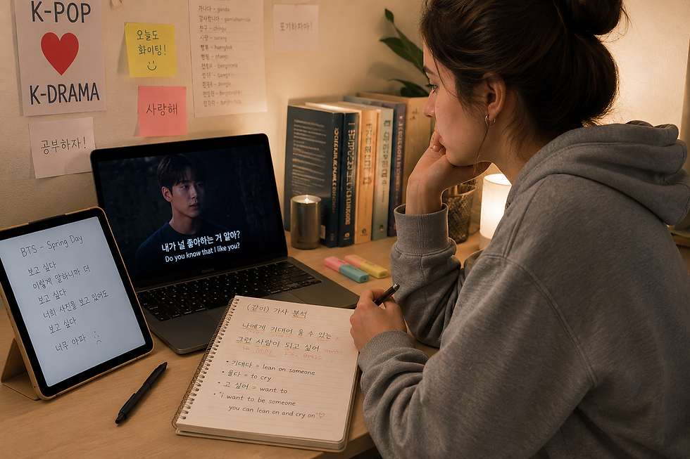 Student learning Korean by understanding K-drama dialogue and Korean song lyrics