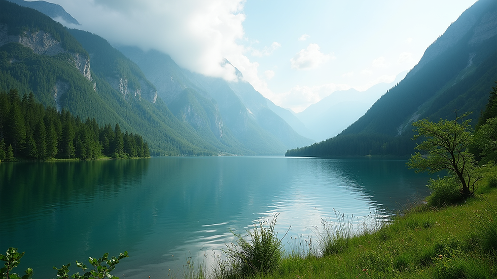 Wide angle view of a tranquil mountain lake surrounded by lush greenery