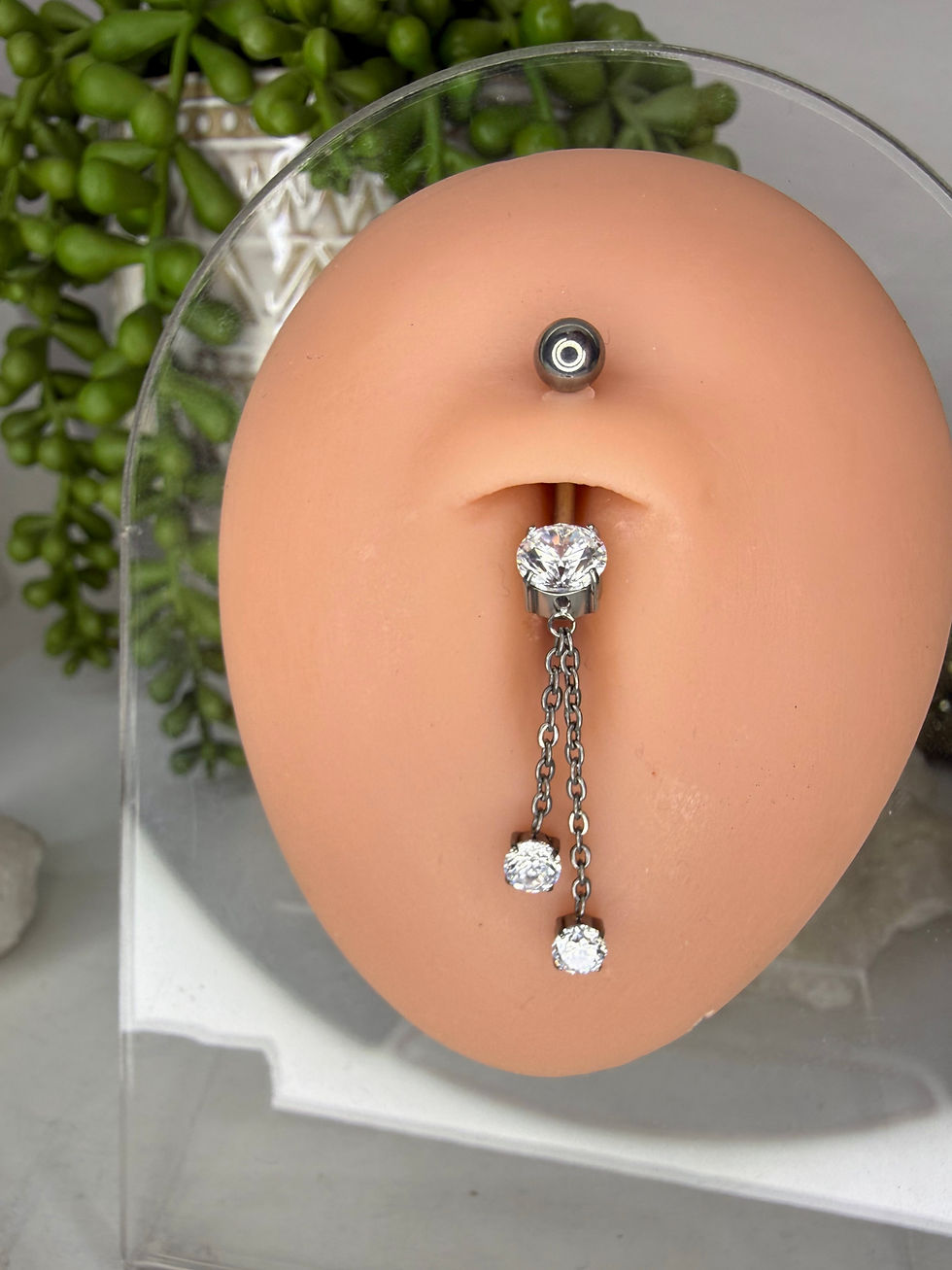 Miniatura: Barbell curvo ombligo con doble zirconia colgante (cuerda 14g)