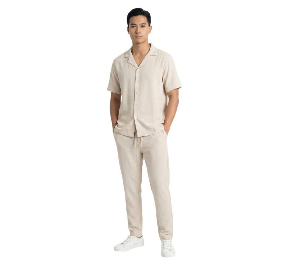 Thumbnail: Mens Crinkle Textured Co-ord Shirt Trouser Set Anti Wrinkle Two Piece Breathable