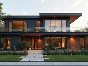 Eye-level view of a modern custom home exterior with large windows