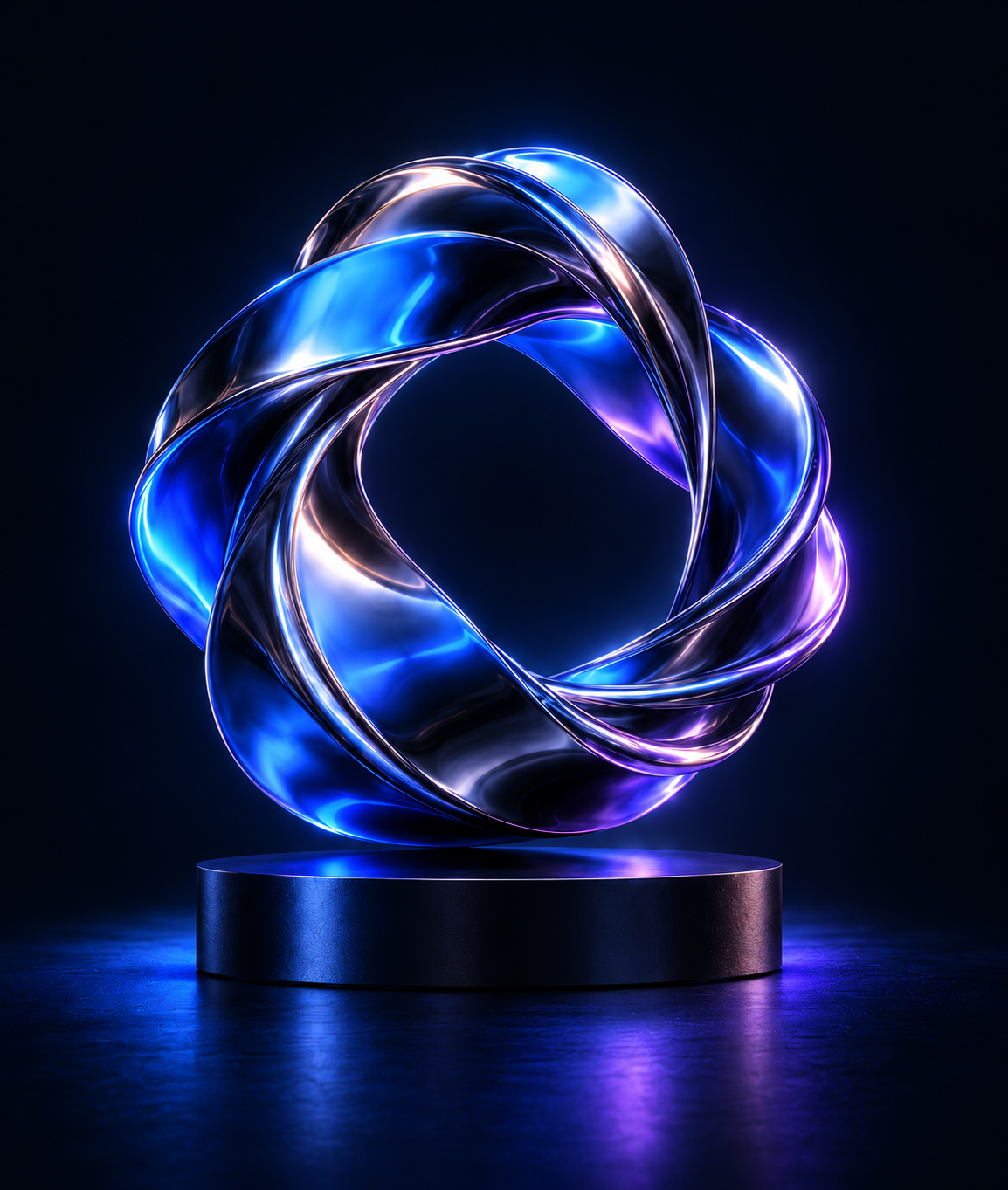 Reflective blue and violet chrome ribbon sculpture on a circular plinth