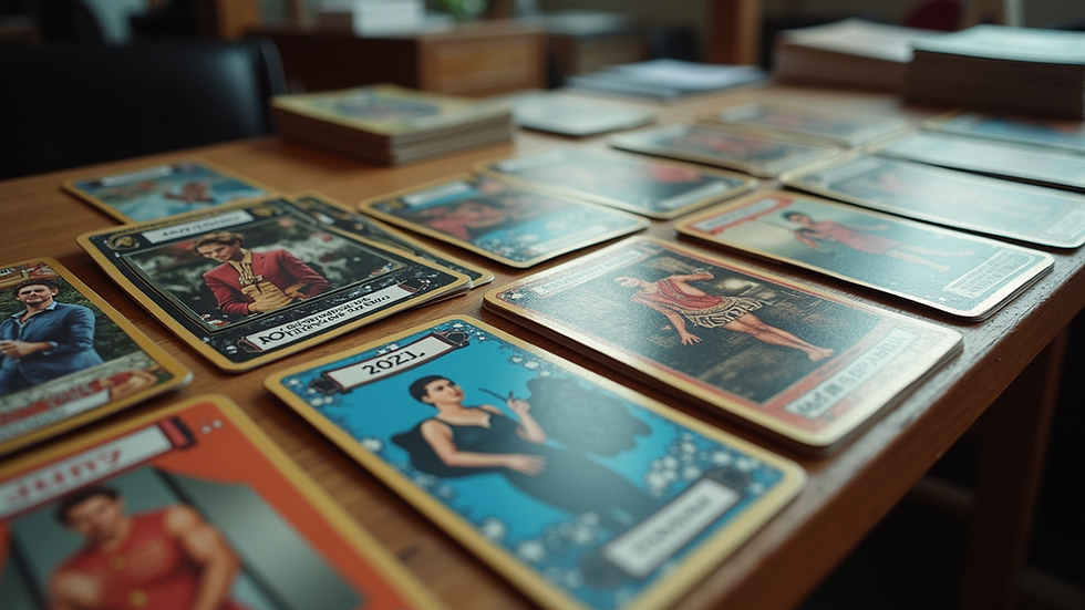 High angle view of collectible trading cards