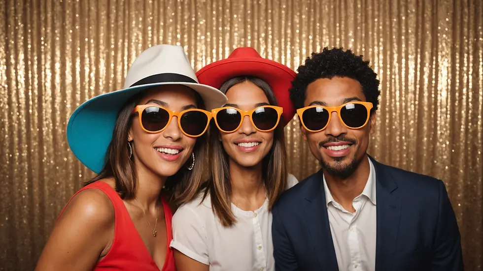 Close-up view of a customized photo booth with branded props