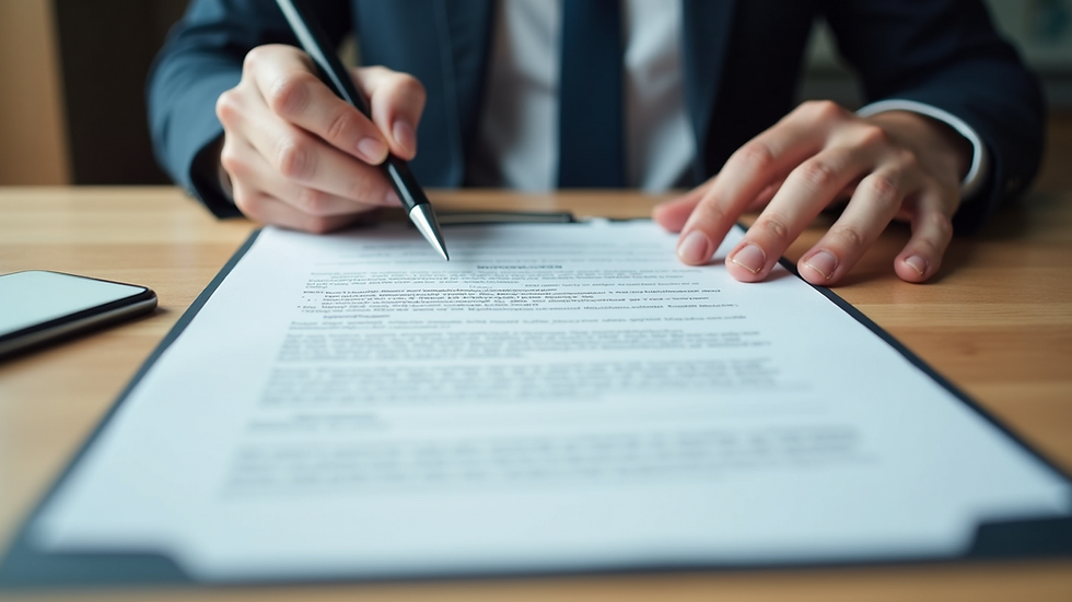 Eye-level view of a business contract document on a wooden desk