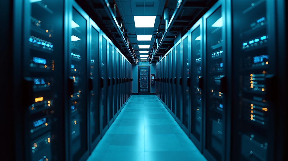 Eye-level view of a server room with cybersecurity equipment