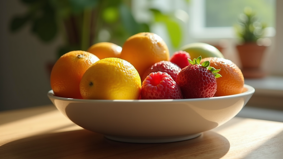 Eye-level view of a colorful fruit bowl with various fruits