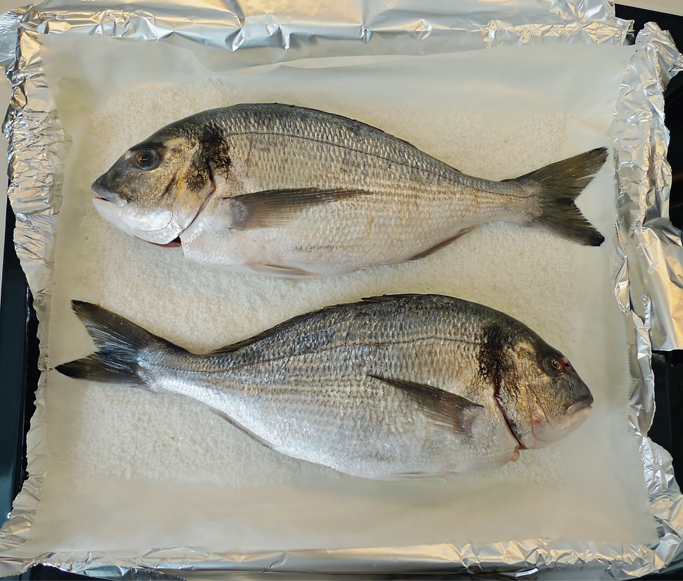 Fish placed on a base of coarse salt over a tray lined with foil and two layers of baking paper—ready to be covered and baked with salt.