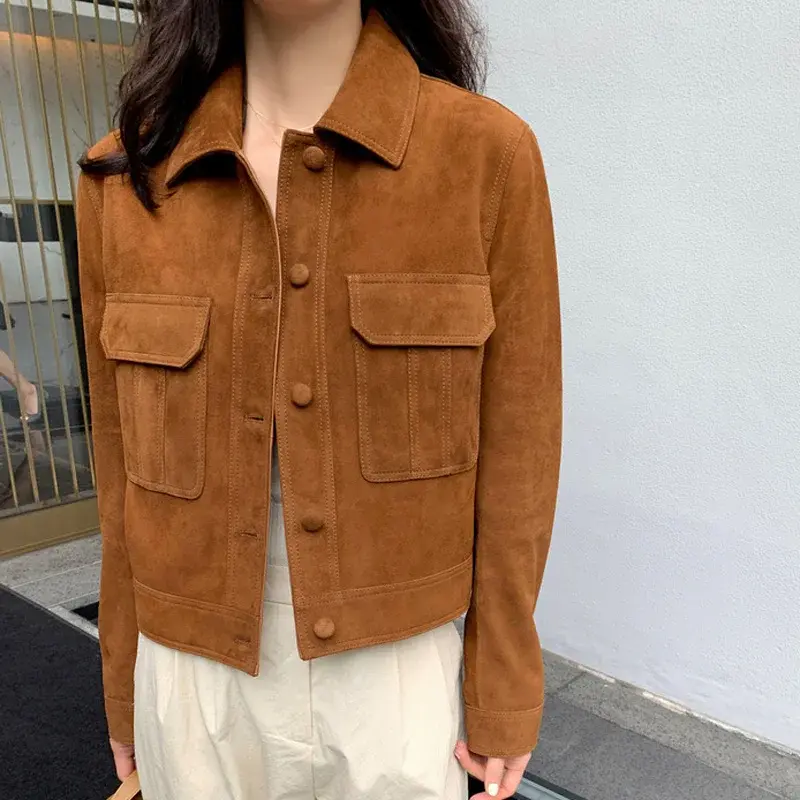Miniature : Veste courte en daim pour femme – Col classique