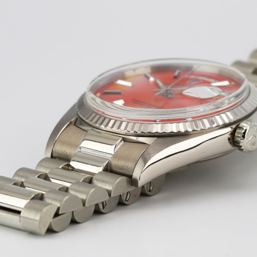Rolex White Gold Day-Date Coral Stella Dial Ref 1803 lug crown