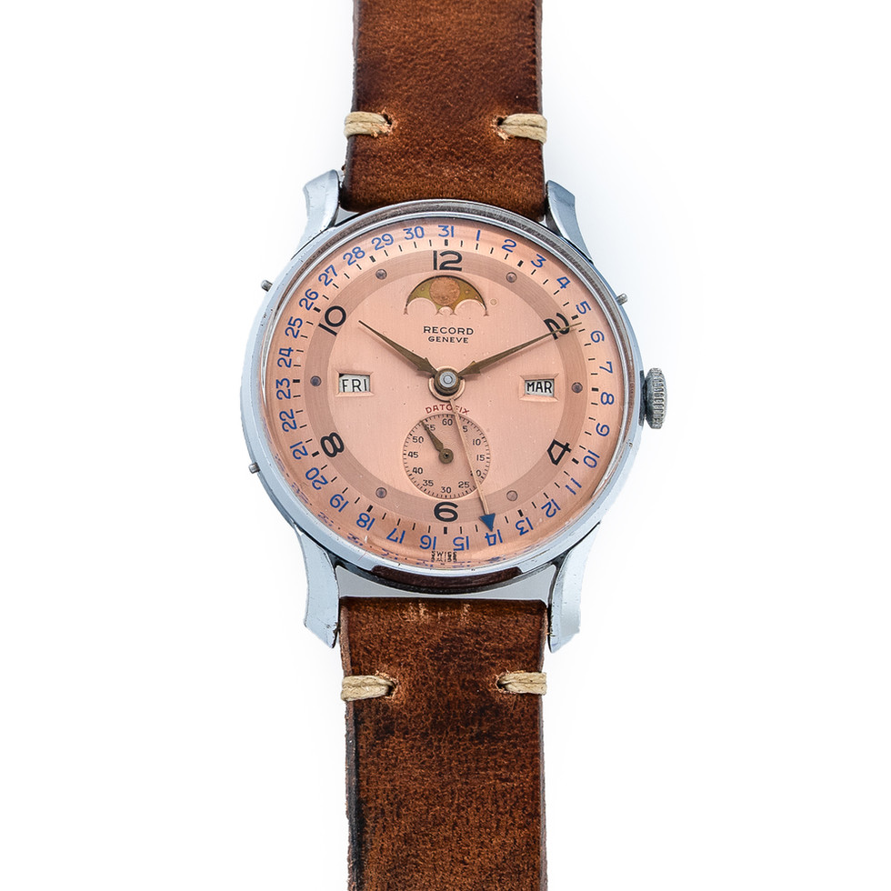 Record Stainless Steel 'Datofix' Triple Calendar Moonphase front
