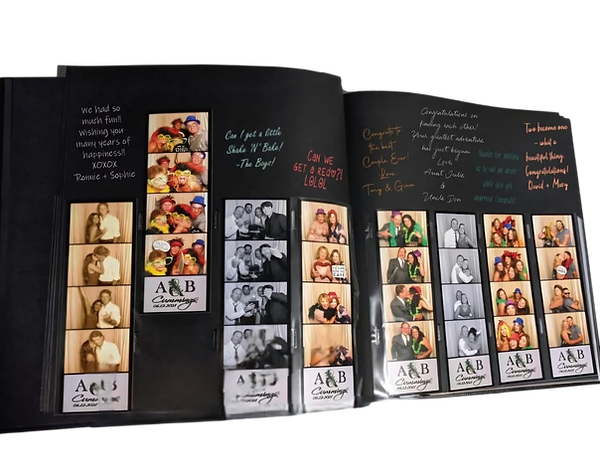 Photo strip memory album filled with guest photos, messages, and signatures from a celebration