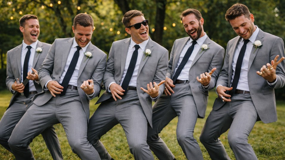 A group of groomsmen perform air guitar outdoors, celebrating a shared musical moment that demonstrates how familiar songs can unite guests through collective recognition.