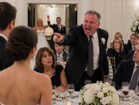 Angry wedding guest points and shouts across a reception ballroom as stunned guests look on and newlyweds enter in the background, illustrating how a song choice can dramatically change the mood of a celebration.