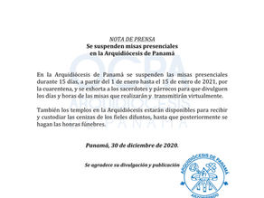 Se suspenden Eucaristías presenciales por 15 días