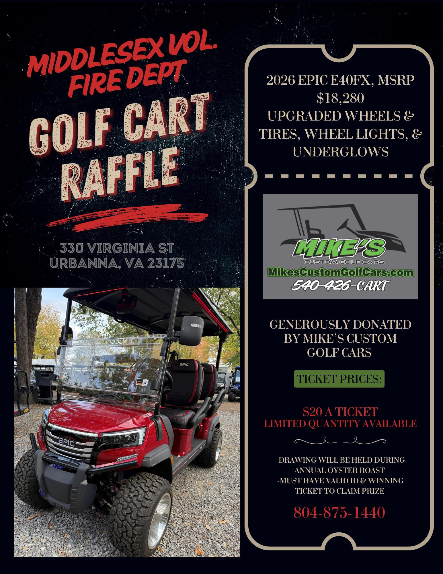 2026 EPIC E40FX GOLF CART RAFFLE - $20 - CALL TO GET TICKETS 804-875-1440