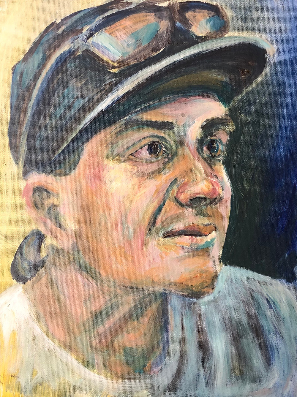 Acrylic portrait of a young man wearing a black ball cap with sunglasses resting on the brim.