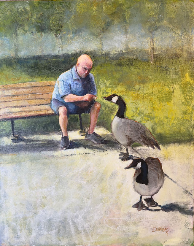 Oil painting of a bald elderly man seated on a park bench, feeding two geese.